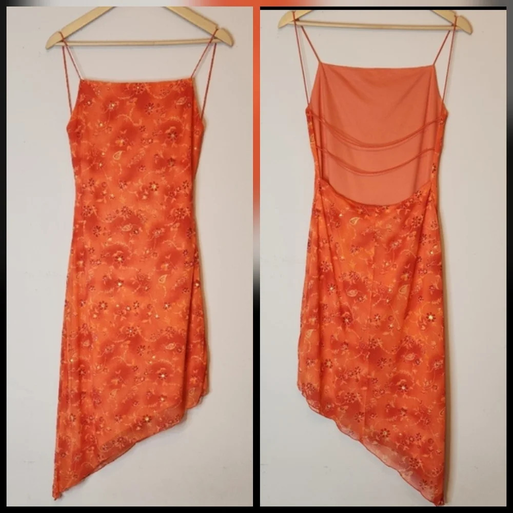 VTG CITY TRIANGLES Elegant Orange Asymmetrical Beaded Dress, size M